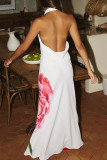 White Celebrities Print Backless Strap Design Patchwork Halter Long Dresses
