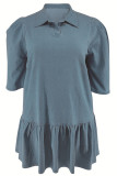 Deep Blue Casual Solid Color Ruched Patchwork Turndown Collar Straight Plus Size Dresses