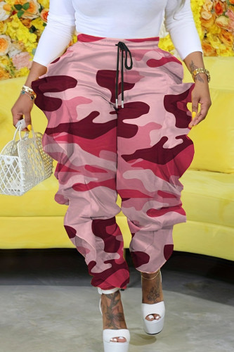 Pink Street Camouflage Print Pocket Ruffled Trim Loose High Waist Cargo Pants