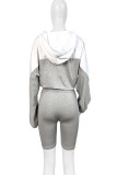 Light Gray Casual Draw String Zipper Patchwork Contrast Zipper Collar Long Sleeve Two Pieces