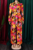 Yellow Elegant Floral Print Bandage Patchwork Shirt Collar Long Sleeve Two Pieces Front Tie Blouse Tops And Wide Leg Pants Sets