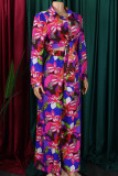 Yellow Elegant Floral Print Bandage Patchwork Shirt Collar Long Sleeve Two Pieces Front Tie Blouse Tops And Wide Leg Pants Sets