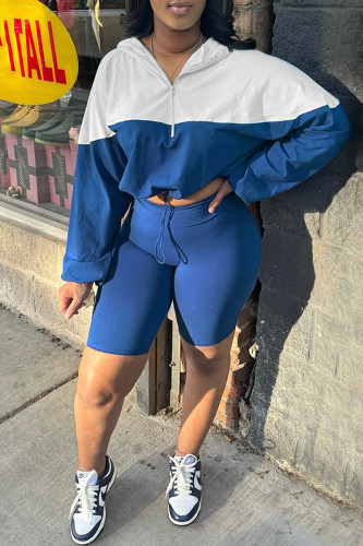 Blue Casual Draw String Zipper Patchwork Contrast Zipper Collar Long Sleeve Two Pieces