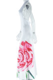 White Celebrities Print Backless Strap Design Patchwork Halter Long Dresses