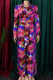 Yellow Elegant Floral Print Bandage Patchwork Shirt Collar Long Sleeve Two Pieces Front Tie Blouse Tops And Wide Leg Pants Sets