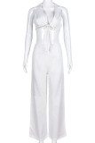 White Casual Solid Color Strap Design Patchwork Deep V Neck Sleeveless Two Pieces
