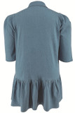 Deep Blue Casual Solid Color Ruched Patchwork Turndown Collar Straight Plus Size Dresses