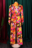Yellow Elegant Floral Print Bandage Patchwork Shirt Collar Long Sleeve Two Pieces Front Tie Blouse Tops And Wide Leg Pants Sets