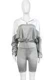 Light Gray Casual Draw String Zipper Patchwork Contrast Zipper Collar Long Sleeve Two Pieces