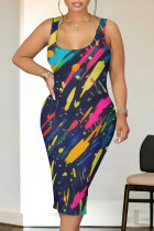 Black Casual Geometric Print Leopard Print The stars Flowers Contrast U Neck Printed Dresses
