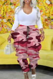 Pink Street Camouflage Print Pocket Ruffled Trim Loose High Waist Cargo Pants
