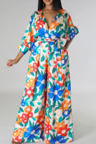 Multi-color Celebrities Print Ruched Strap Design Patchwork V Neck Loose Jumpsuits