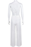 White Casual Solid Color Strap Design Patchwork Deep V Neck Sleeveless Two Pieces