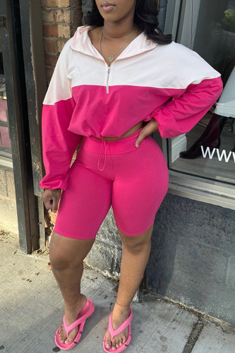 Pink Casual Draw String Zipper Patchwork Contrast Zipper Collar Long Sleeve Two Pieces