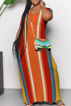 Colour Casual Striped Print Pocket Patchwork V Neck Straight Dresses