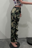Pink Street Camouflage Print Pocket Ruffled Trim Loose High Waist Cargo Pants