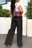 Black Casual Solid Color Pocket Zipper Patchwork Loose High Waist Wide Leg Patchwork Bottoms