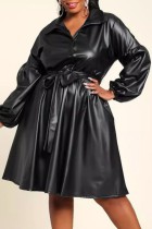 Black Casual Solid Color Belted Turndown Collar Long Sleeve Plus Size Dresses
