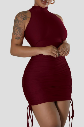 Deep Red Elegant Solid Bandage Patchwork Fold O Neck Sleeveless Dresses