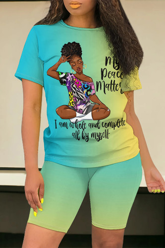 Green Yellow Casual Gradient Print Basic O Neck Short Sleeve Two Pieces