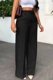 Black Casual Solid Color Pocket Zipper Patchwork Loose High Waist Wide Leg Patchwork Bottoms