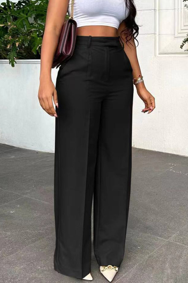 Black Casual Solid Color Pocket Zipper Patchwork Loose High Waist Wide Leg Patchwork Bottoms