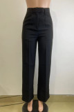 Black Casual Solid Color Pocket Zipper Patchwork Loose High Waist Wide Leg Patchwork Bottoms