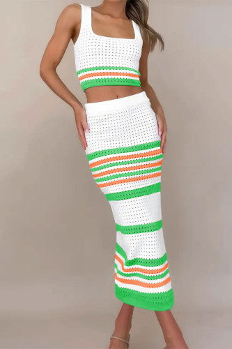 Green Sexy Striped Hollowed Out Weave Square Collar Sleeveless Two Pieces