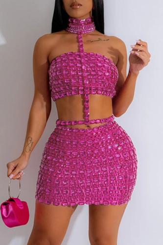 Rose Red Sexy Hot Solid Color Backless Rhinestone Decor Patchwork Halter Sleeveless Two Pieces