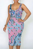 Blue Pink Casual Geometric Print The stars Contrast Printed Dresses