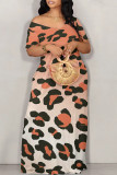 Orange Casual Animal Print Contrast Off Shoulder Printed Dresses