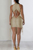 Coral Powder Elegant Solid Bandage Patchwork Fold O Neck Sleeveless Dresses