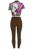 Coffee Casual Print Patchwork V Neck Short Sleeve Two Pieces
