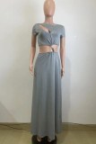 Grey Sexy Solid Color Hollow Out Patchwork O Neck Short Sleeve Two Pieces