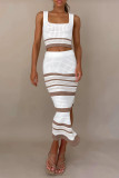 Rose Red Sexy Striped Hollowed Out Weave Square Collar Sleeveless Two Pieces