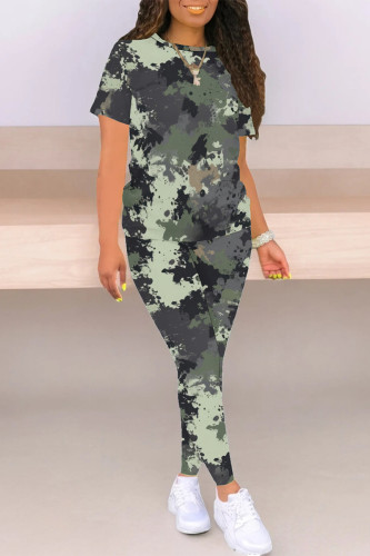 Light Army Green Casual Camouflage Print Contrast O Neck Short Sleeve Two Pieces