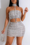 Silver Sexy Hot Solid Color Backless Rhinestone Decor Patchwork Halter Sleeveless Two Pieces