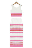 Rose Red Sexy Striped Hollowed Out Weave Square Collar Sleeveless Two Pieces