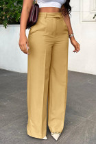 Earth Yellow Casual Solid Color Pocket Zipper Patchwork Loose High Waist Wide Leg Patchwork Bottoms