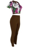 Coffee Casual Print Patchwork V Neck Short Sleeve Two Pieces