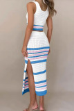 Rose Red Sexy Striped Hollowed Out Weave Square Collar Sleeveless Two Pieces
