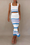 Rose Red Sexy Striped Hollowed Out Weave Square Collar Sleeveless Two Pieces