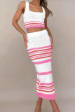 Rose Red Sexy Striped Hollowed Out Weave Square Collar Sleeveless Two Pieces