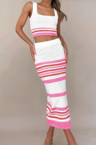 Rose Red Sexy Striped Hollowed Out Weave Square Collar Sleeveless Two Pieces
