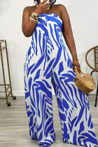 Blue Celebrities Stripe Zipper Patchwork Strapless Loose Jumpsuits