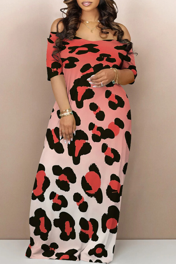 Red Casual Animal Print Contrast Off Shoulder Printed Dresses