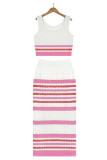 Rose Red Sexy Striped Hollowed Out Weave Square Collar Sleeveless Two Pieces