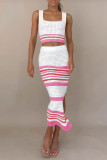 Rose Red Sexy Striped Hollowed Out Weave Square Collar Sleeveless Two Pieces