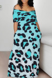 Blue Casual Animal Print Contrast Off Shoulder Printed Dresses