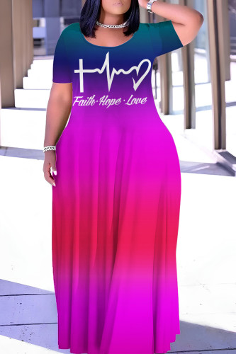 Rose Red Casual Gradient Print Letter Print Basic O Neck Long Dresses